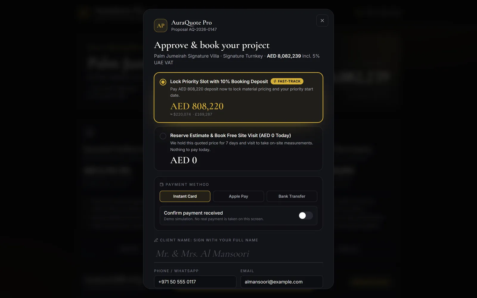 On-screen approval and booking, with a booking deposit or a free site visit